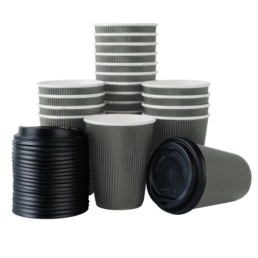 12 oz Gray Paper Ripple Wall Coffee Cup - with Black Lid - 3 1/2" x 3 1/2" x 5" - 200 count box