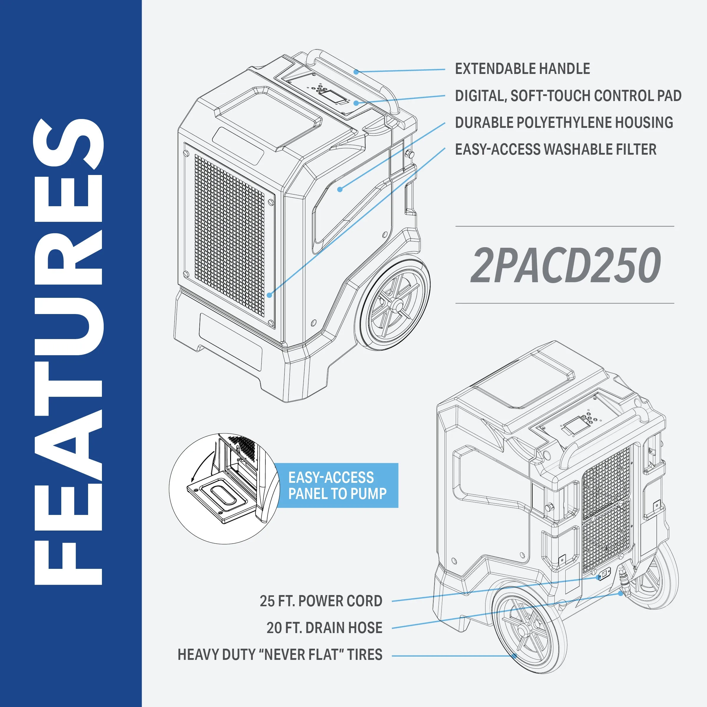 250 Pint CEC-certified Commercial Dehumidifier with Drain Hose for Basements, Garages, Warehouses, and Job Sites