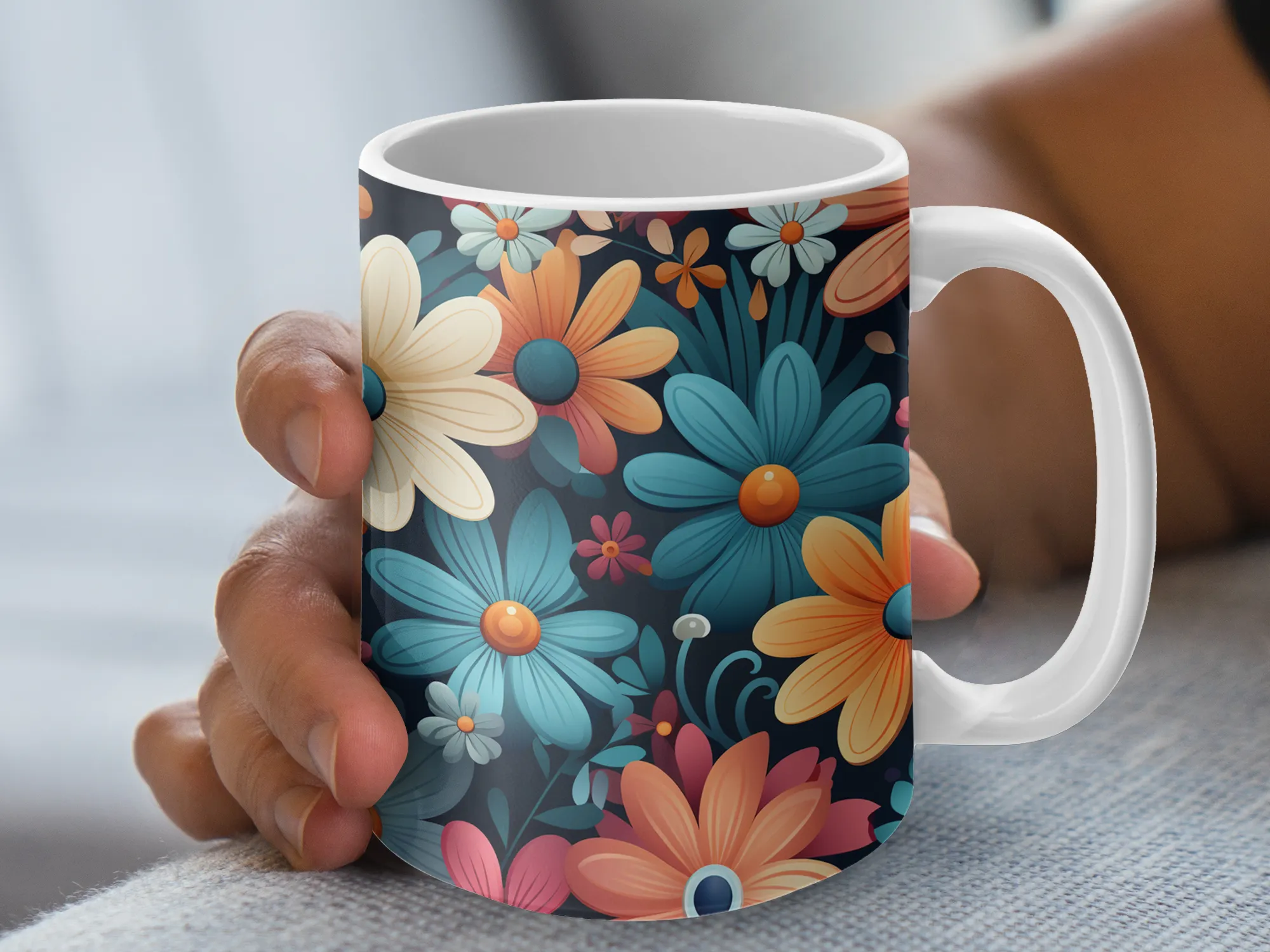 2D Groovy Flowers Pattern Mug, Flower Mug, 2D Mug, 2D Flower Gift