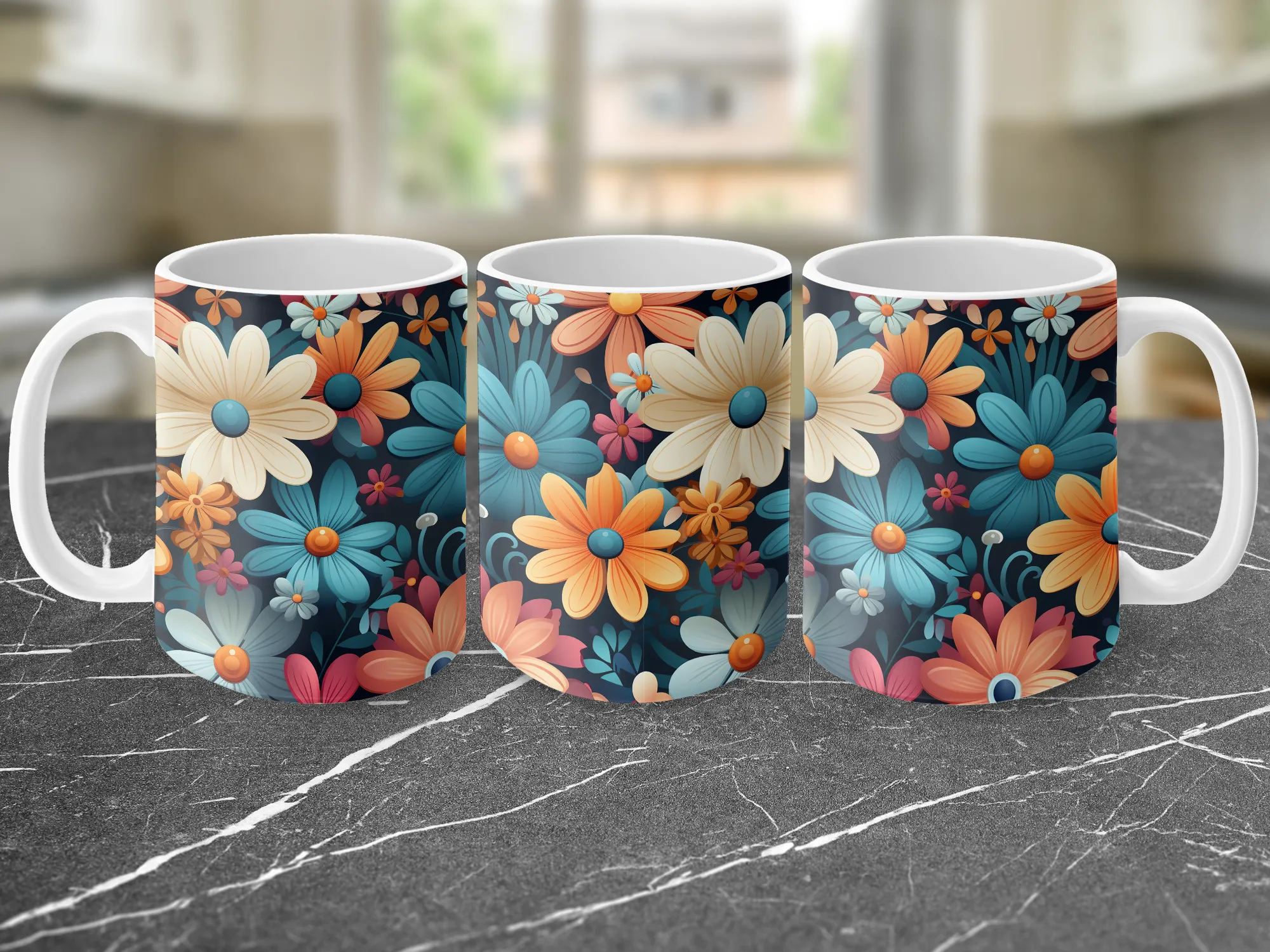 2D Groovy Flowers Pattern Mug, Flower Mug, 2D Mug, 2D Flower Gift