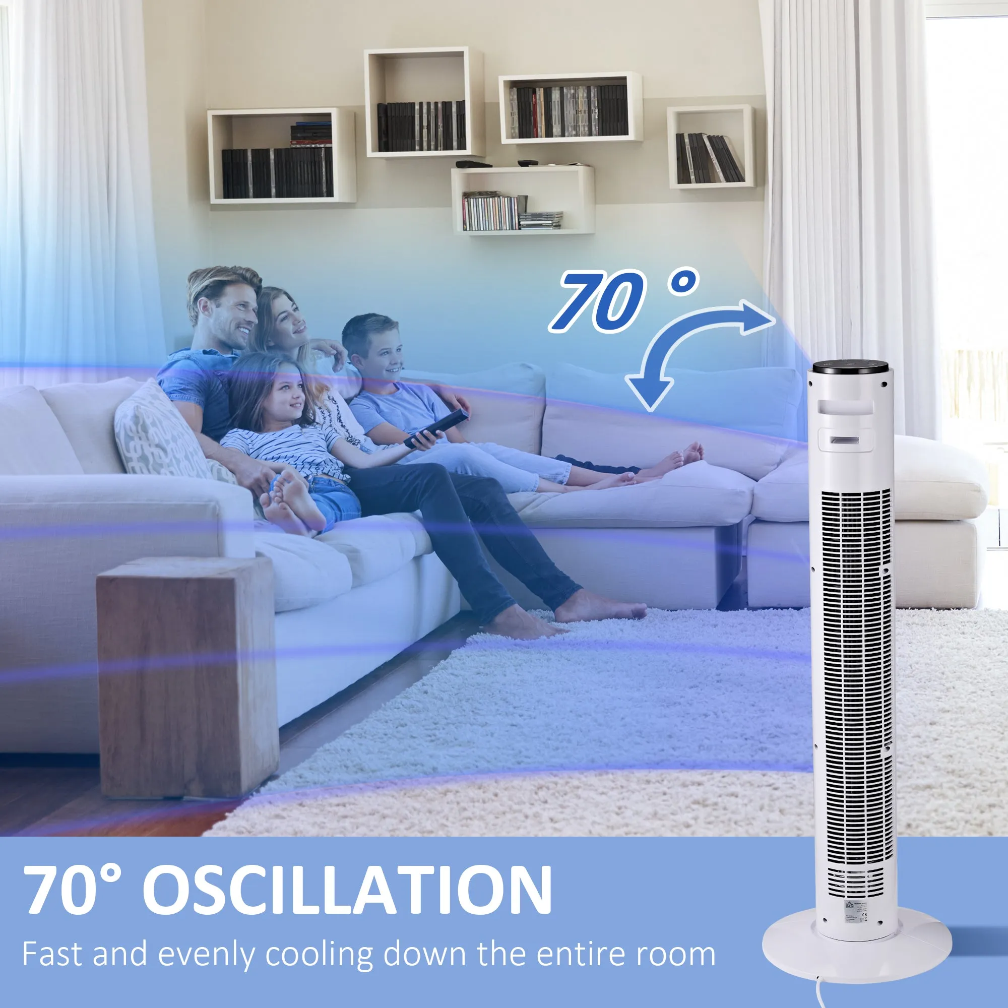 38'' Freestanding Tower Fan, 3 Speed 3 Mode, 12h Timer, 70 Degree Oscillation, LED Panel, 5M Remote Controller, White