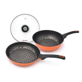 3D Coating Orange Frying Pan, Wok & Lid 3 PCS Set