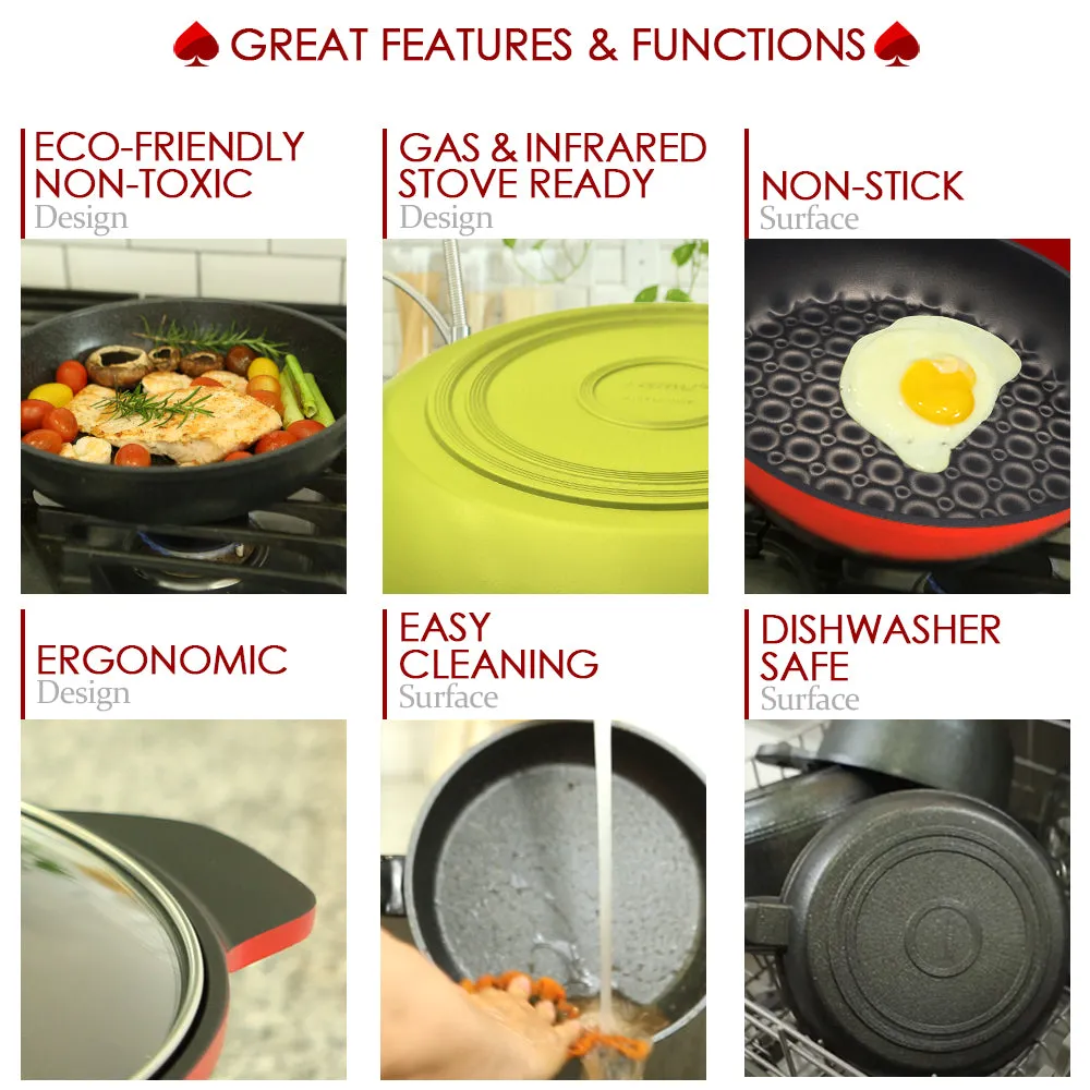 3D Coating Red Frying Pans, Woks, and Lids 6 PCS Set