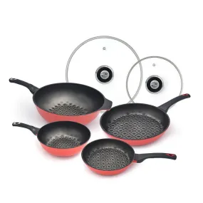 3D Coating Red Frying Pans, Woks, and Lids 6 PCS Set