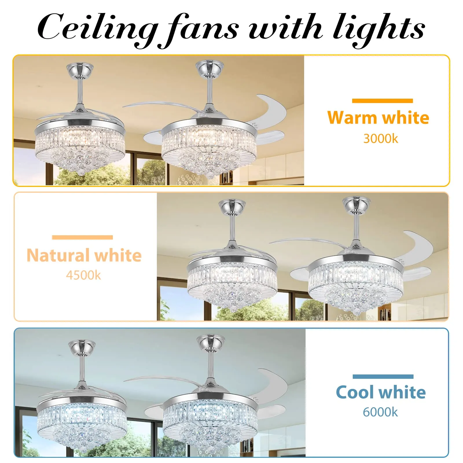 42 Inch Crystal Ceiling Fans with Lights, Modern Dimmable Fandelier LED Remote Control Retractable Invisible Blades Indoor Reversible Ceiling Light Kits with Fans for Decorate Living Room Bedroom