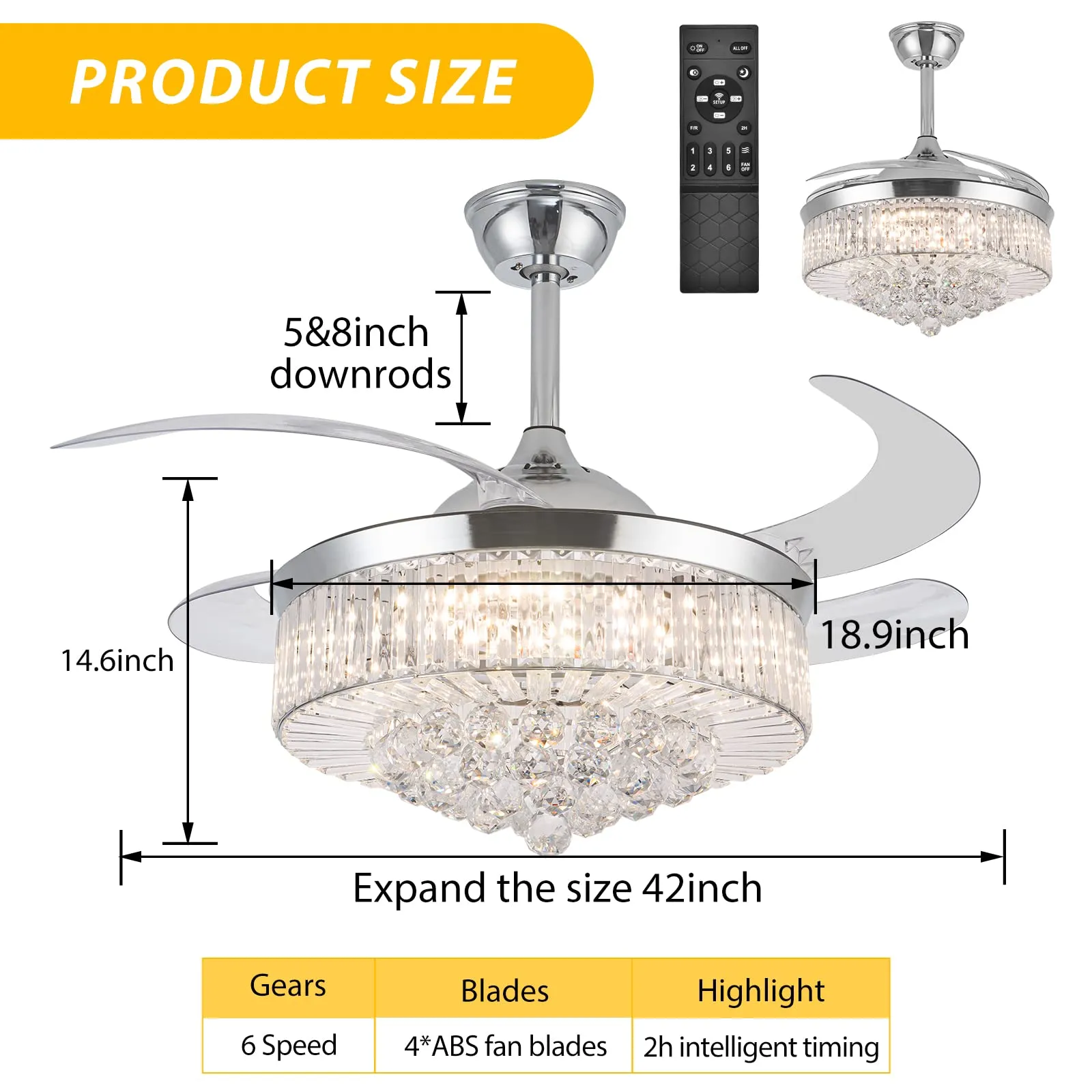 42 Inch Crystal Ceiling Fans with Lights, Modern Dimmable Fandelier LED Remote Control Retractable Invisible Blades Indoor Reversible Ceiling Light Kits with Fans for Decorate Living Room Bedroom