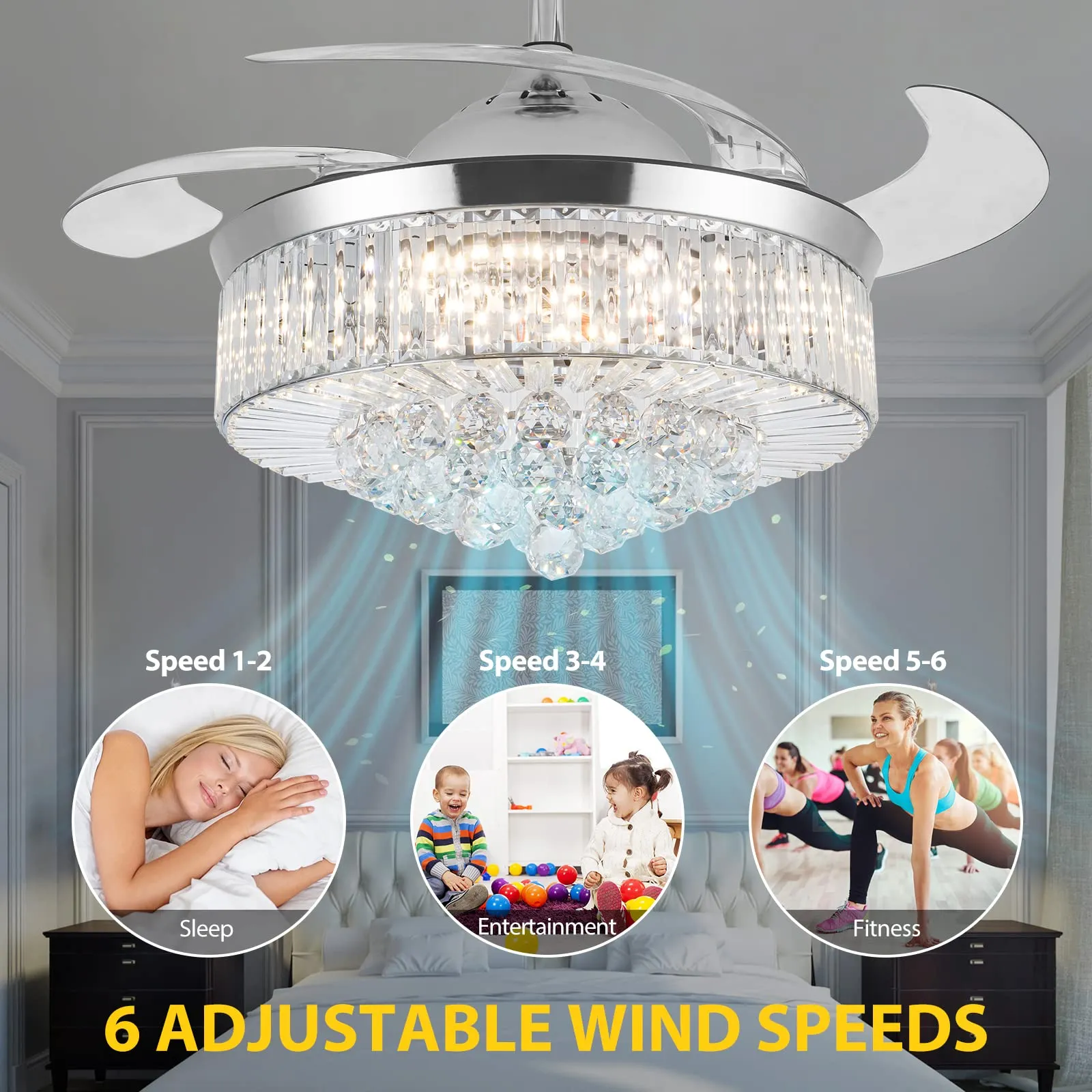 42 Inch Crystal Ceiling Fans with Lights, Modern Dimmable Fandelier LED Remote Control Retractable Invisible Blades Indoor Reversible Ceiling Light Kits with Fans for Decorate Living Room Bedroom