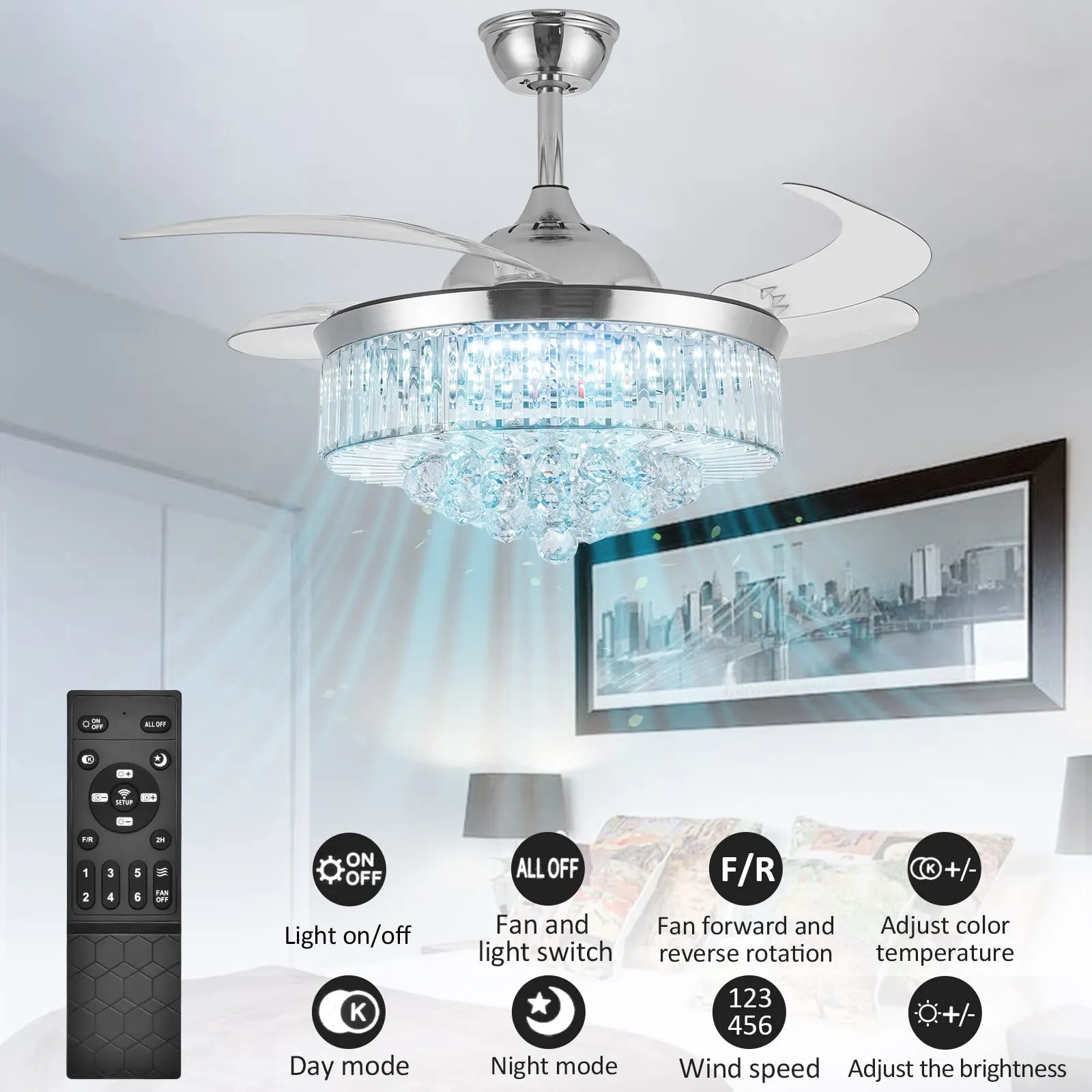 42 Inch Crystal Ceiling Fans with Lights, Modern Dimmable Fandelier LED Remote Control Retractable Invisible Blades Indoor Reversible Ceiling Light Kits with Fans for Decorate Living Room Bedroom