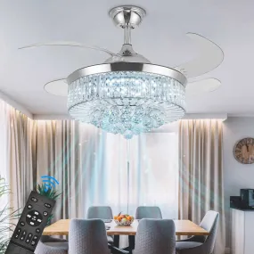 42 Inch Crystal Ceiling Fans with Lights, Modern Dimmable Fandelier LED Remote Control Retractable Invisible Blades Indoor Reversible Ceiling Light Kits with Fans for Decorate Living Room Bedroom