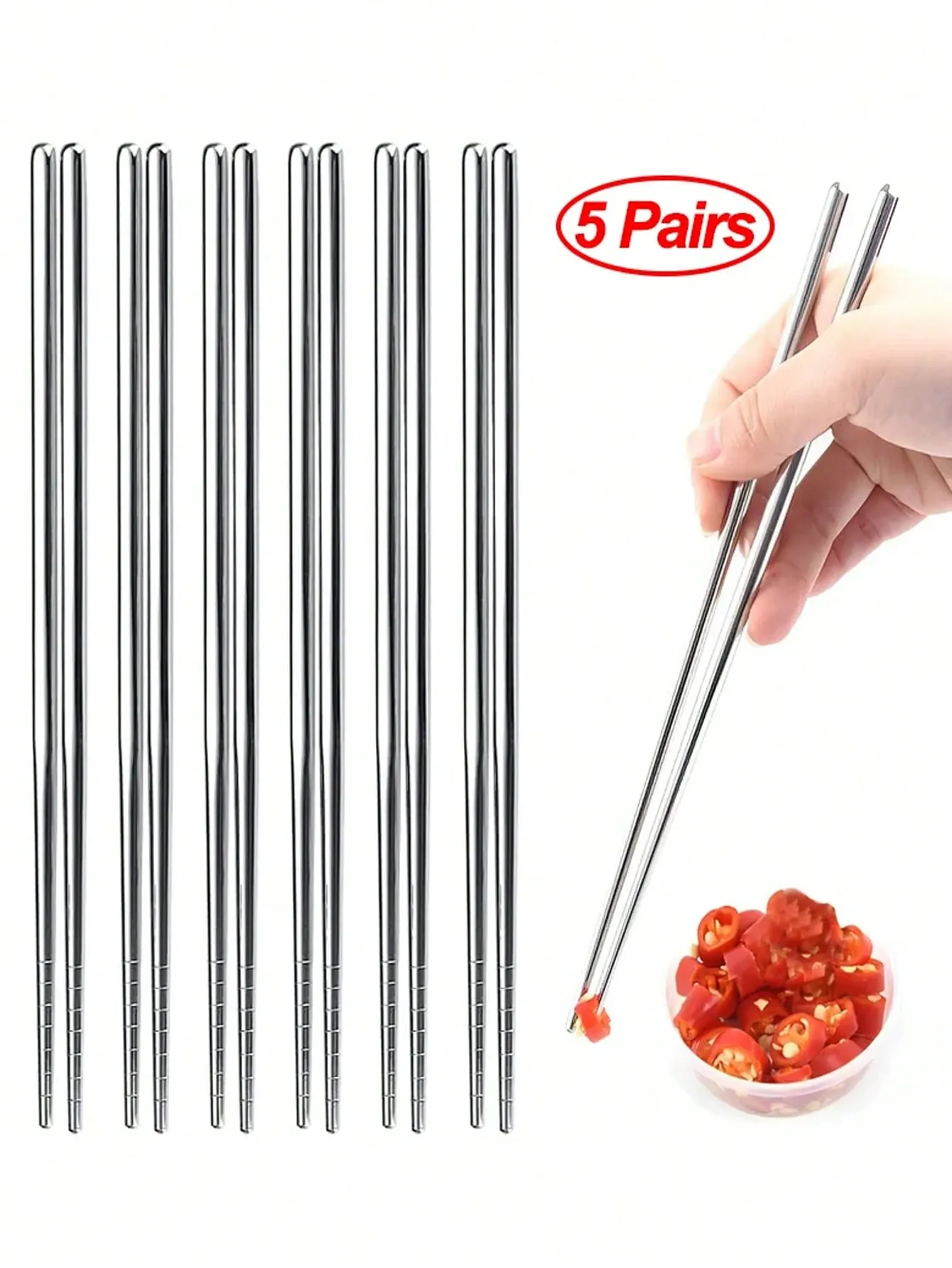 5 Pairs Of Reusable Stainless Steel Chinese Chopsticks With Anti-Slip Design - Perfect For Wedding, Birthday Party, Gathering And Table Decoration