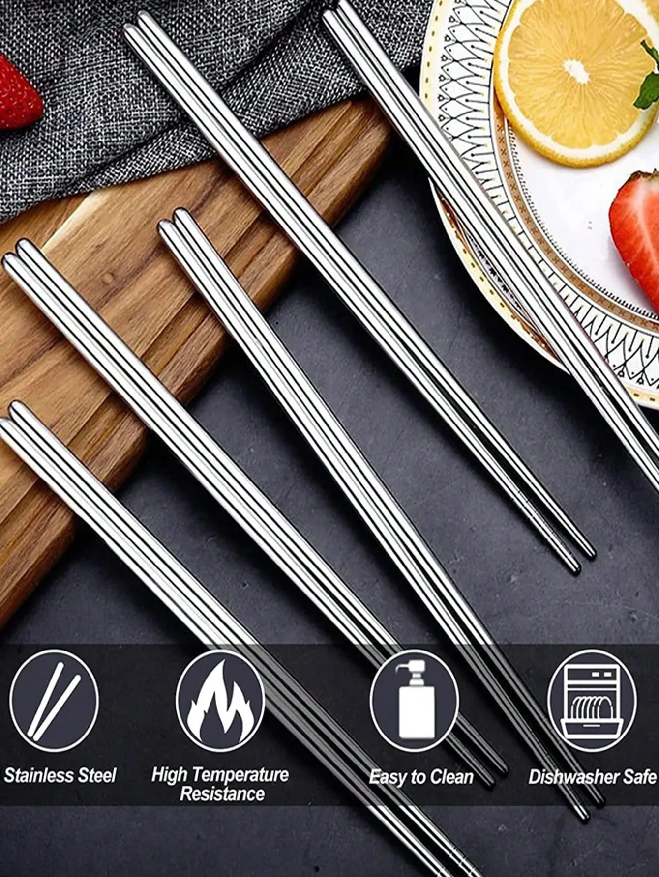 5 Pairs Of Reusable Stainless Steel Chinese Chopsticks With Anti-Slip Design - Perfect For Wedding, Birthday Party, Gathering And Table Decoration