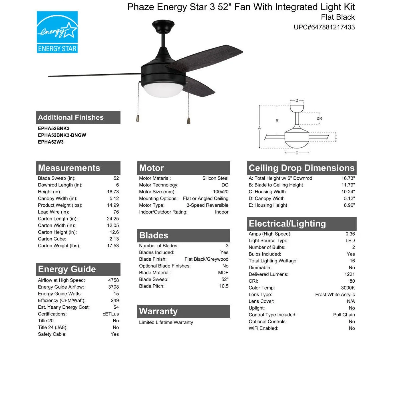 52" Phaze Energy Star 3 in Flat Black w/ Flat Black/Greywood Blades