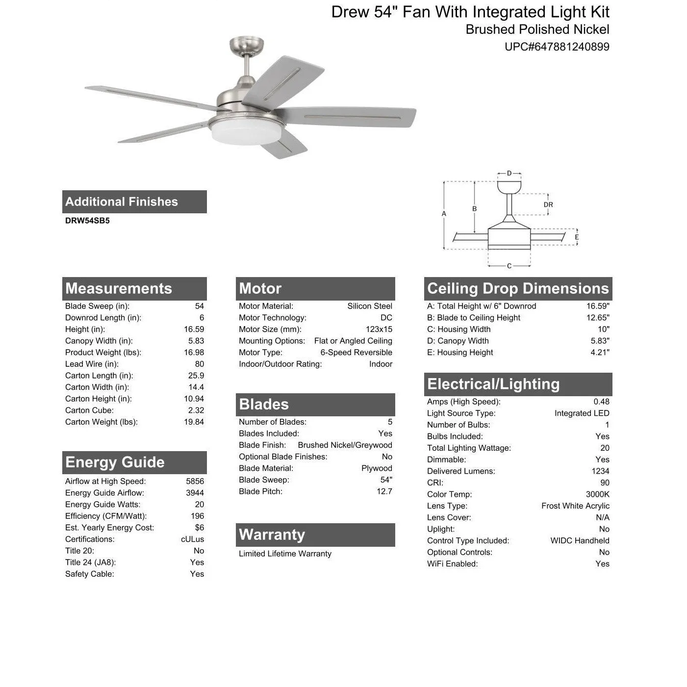 54" Drew in Brushed Polished Nickel w/ Brushed Nickel/Greywood Blades