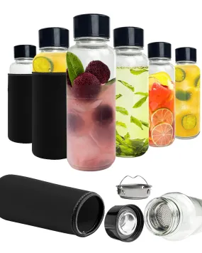 6 Pack Clear Glass Bottles with Infuser, Neoprene Sleeves, & Lid (32oz Set of 6)