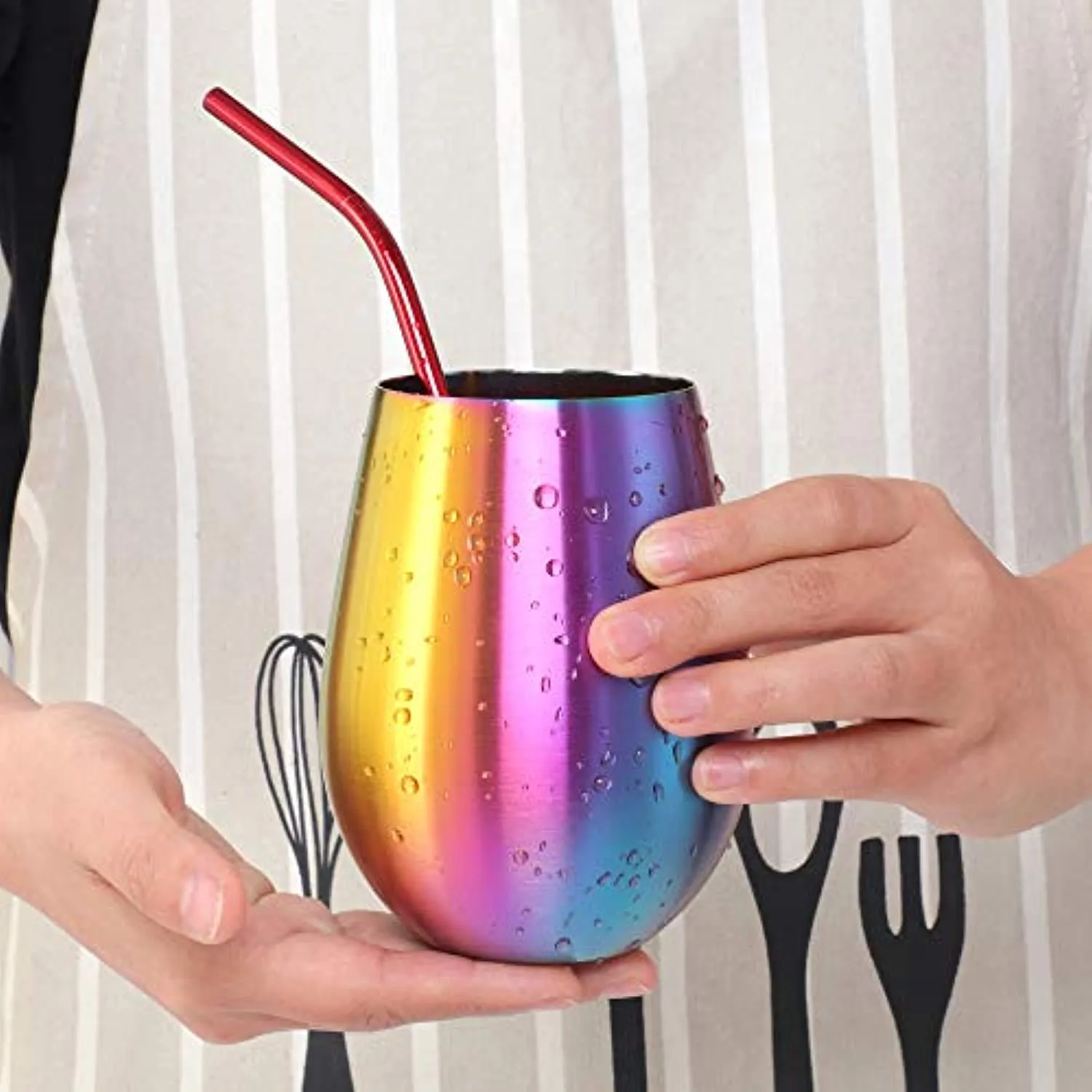 7 oz Stainless Steel Stemless Wine Glass- Set of 2 Metal Drinking Cups(Rainbow)