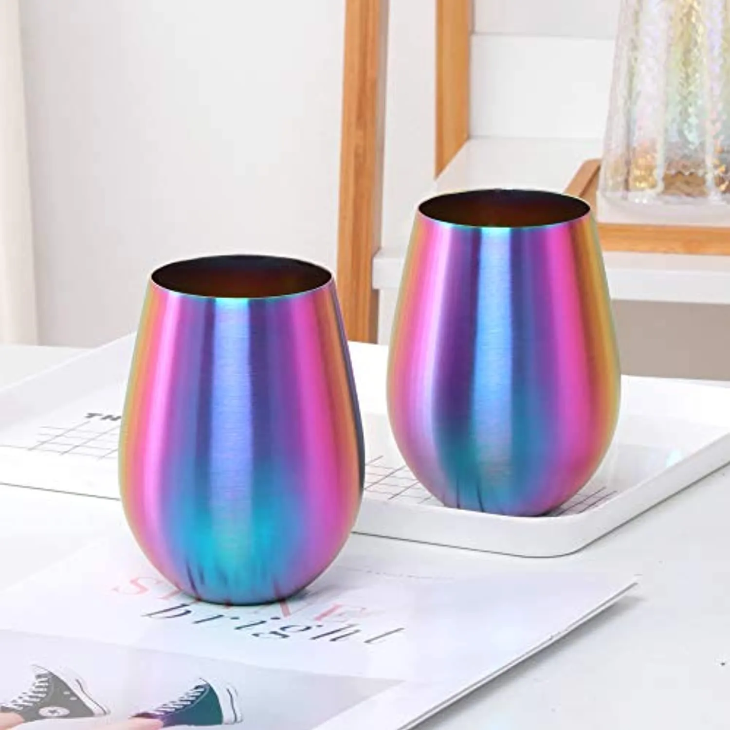 7 oz Stainless Steel Stemless Wine Glass- Set of 2 Metal Drinking Cups(Rainbow)