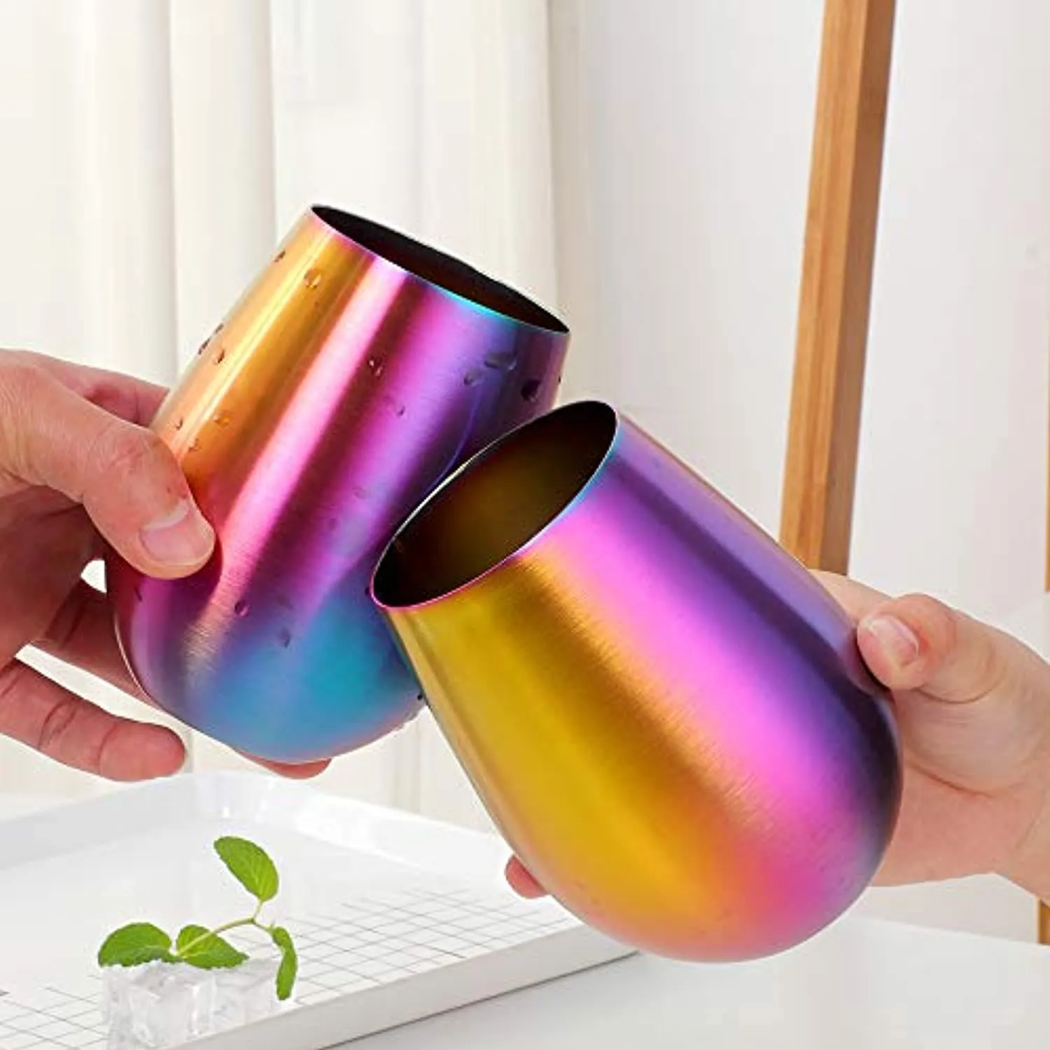 7 oz Stainless Steel Stemless Wine Glass- Set of 2 Metal Drinking Cups(Rainbow)