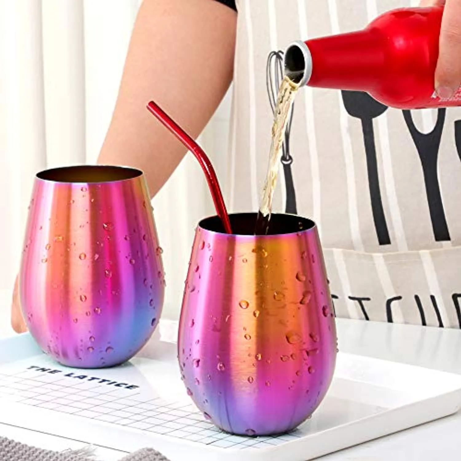 7 oz Stainless Steel Stemless Wine Glass- Set of 2 Metal Drinking Cups(Rainbow)