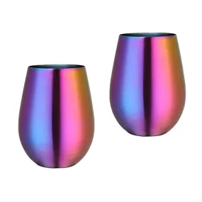 7 oz Stainless Steel Stemless Wine Glass- Set of 2 Metal Drinking Cups(Rainbow)