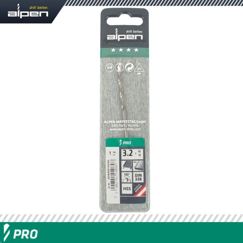 ALPEN ALPEN PRO HSS 3.2MM DRILL DIN 338 RN 135 SPLIT POINT PLASTIC WALLET  ( ALP1840032