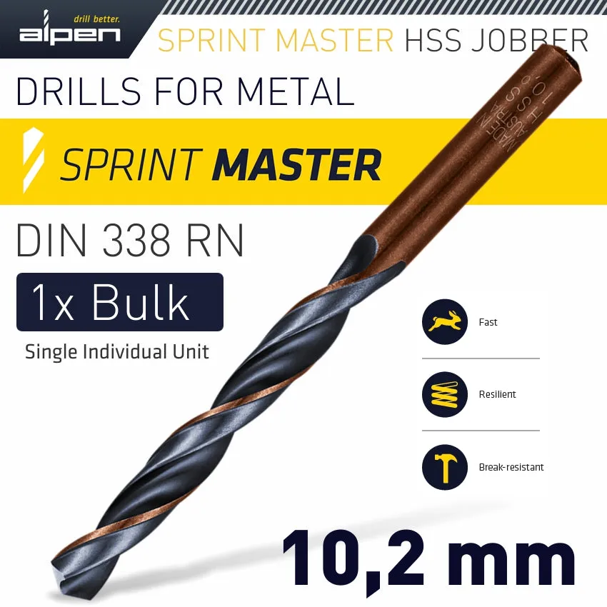 ALPEN HSS SPRINT MASTER 10.2MM BULK DIN 338 ALPEN DRILL BIT ALP6260102