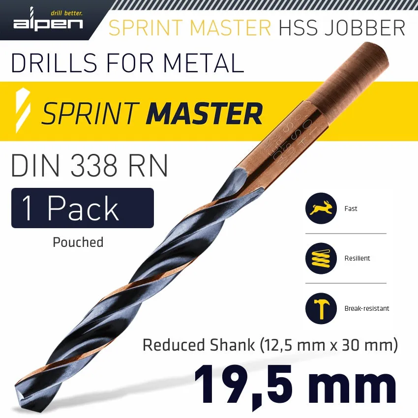 ALPEN HSS SPRINT MASTER 19.5MM RED SHANK 12.5MM X1 SLEEVED DIN338 ALPEN DRIL ALP6480195