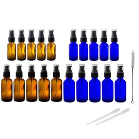 Amber & Cobalt Blue Glass Bottles Treatment Pump 20 PCS Set Kit- Includes 5-1 oz Amber Bottle, 5-2 oz Amber Bottle, 5-1 oz Cobalt Blue Bottles, 5-2 oz Cobalt Blue Bottles   2 Pipettes,1 Bottle Brush