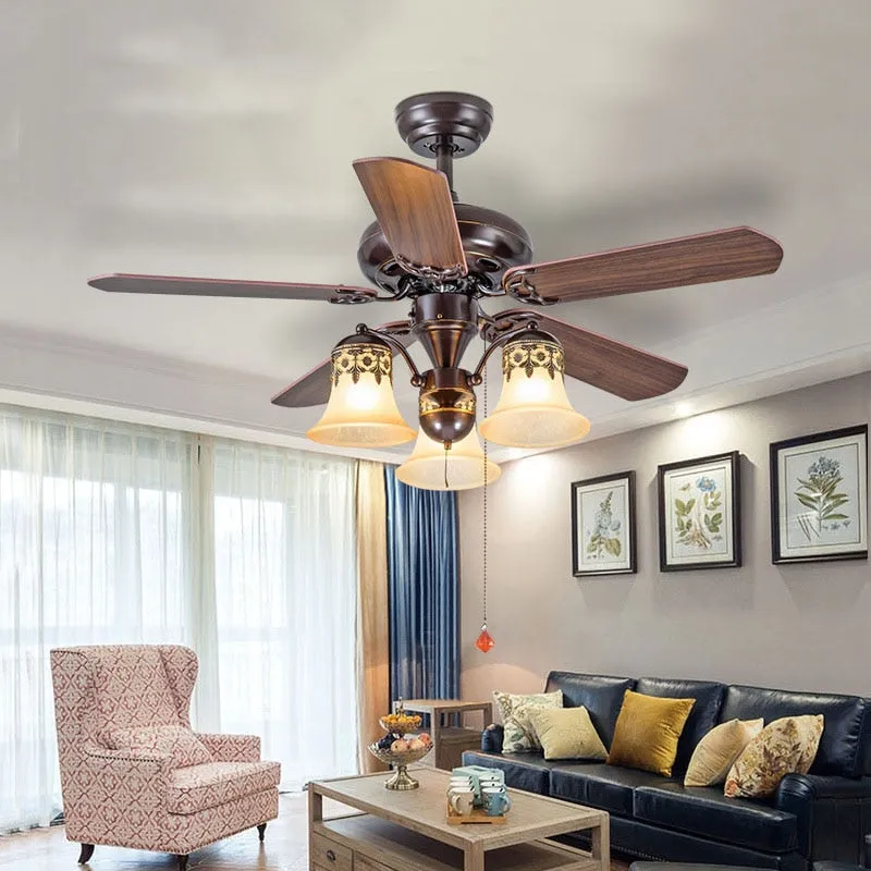 American Ceiling Fan Lamp - European Retro Style, Ideal for Dining Room, Living Room, and Bedroom