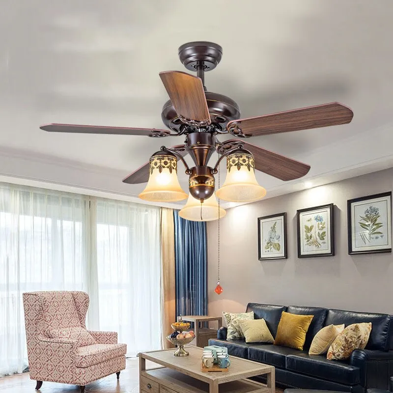 American Ceiling Fan Lamp - European Retro Style, Ideal for Dining Room, Living Room, and Bedroom