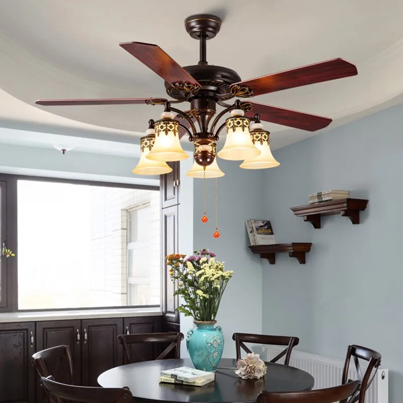 American Ceiling Fan Lamp - European Retro Style, Ideal for Dining Room, Living Room, and Bedroom