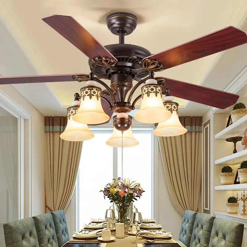 American Ceiling Fan Lamp - European Retro Style, Ideal for Dining Room, Living Room, and Bedroom