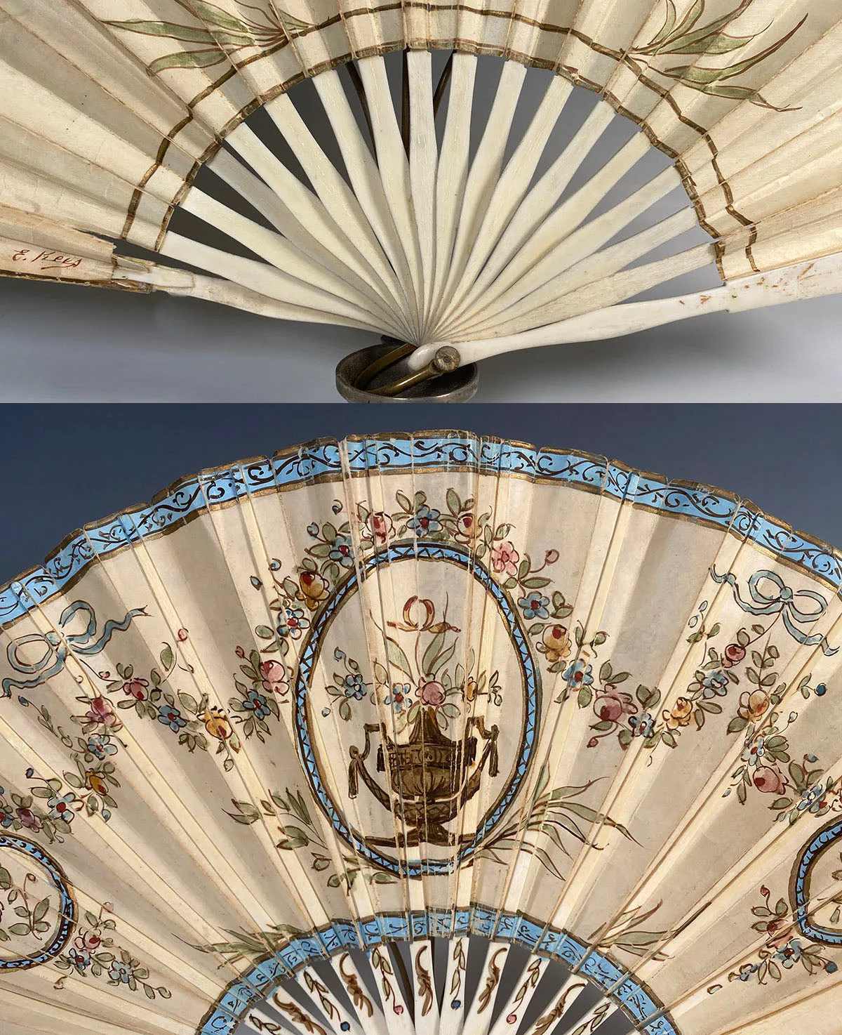 Antique 21.3cm Ernest Kees Signature Hand Painted Hand Fan c.1900, Bone Sticks and Guards