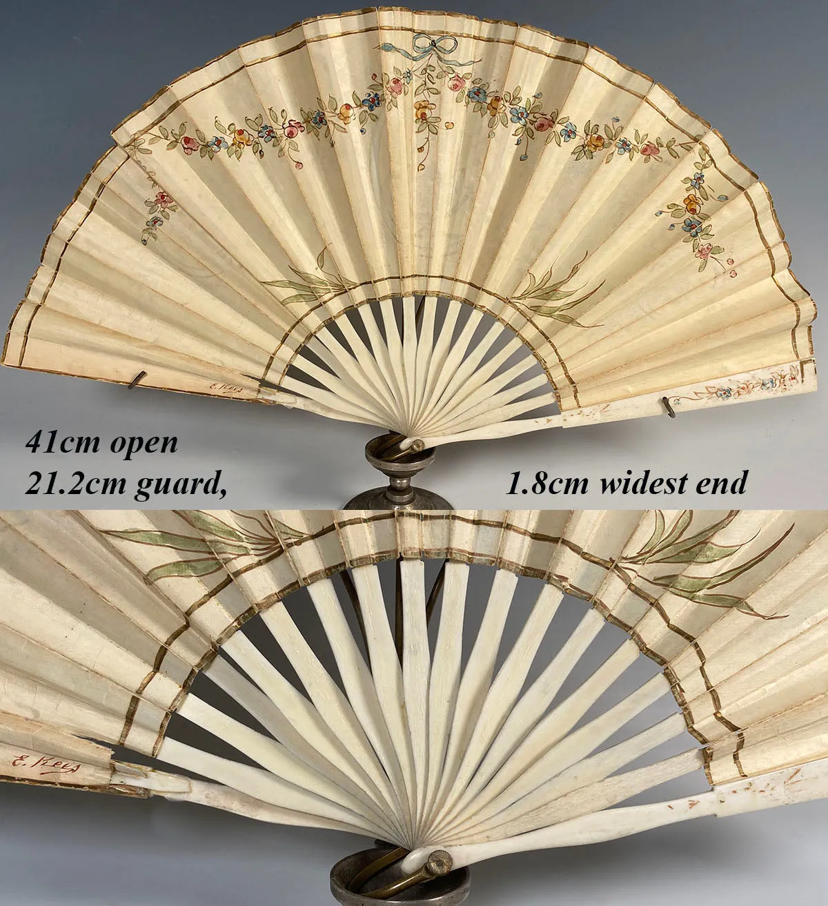 Antique 21.3cm Ernest Kees Signature Hand Painted Hand Fan c.1900, Bone Sticks and Guards