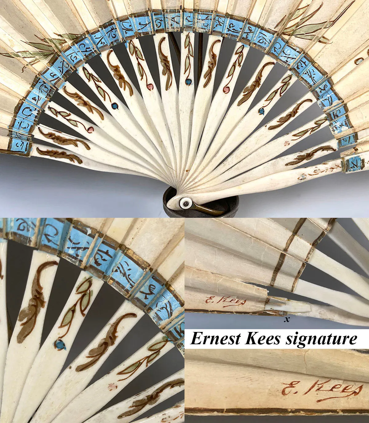 Antique 21.3cm Ernest Kees Signature Hand Painted Hand Fan c.1900, Bone Sticks and Guards