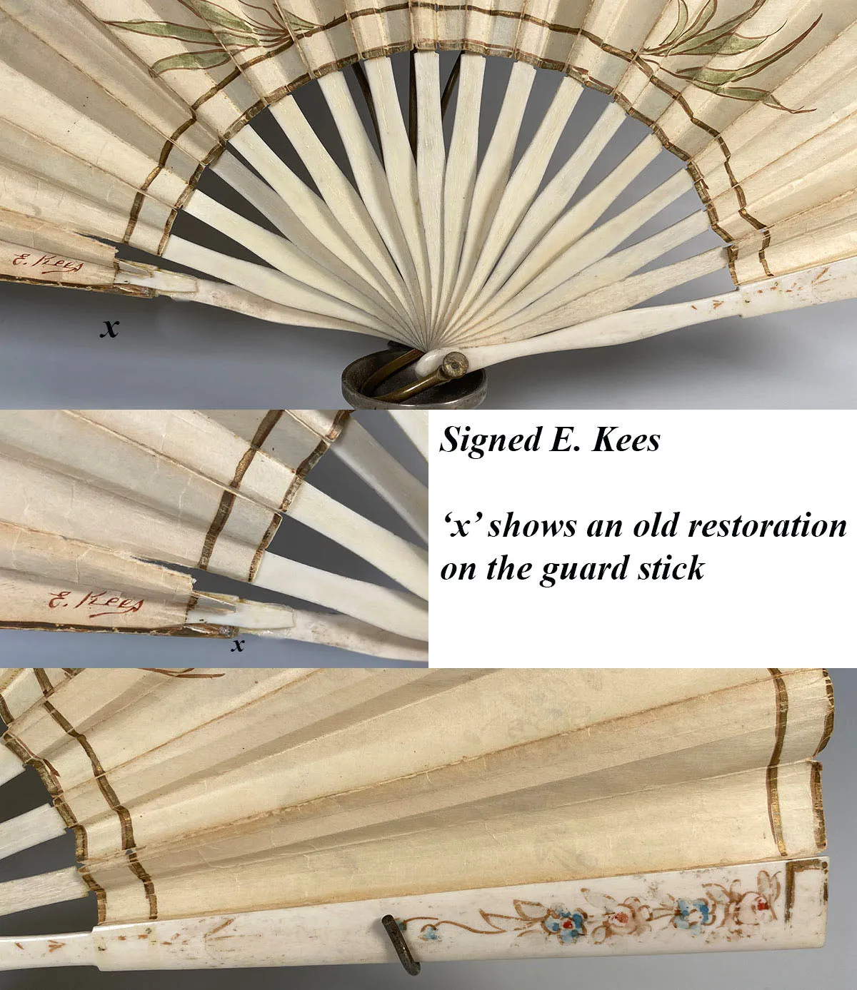 Antique 21.3cm Ernest Kees Signature Hand Painted Hand Fan c.1900, Bone Sticks and Guards