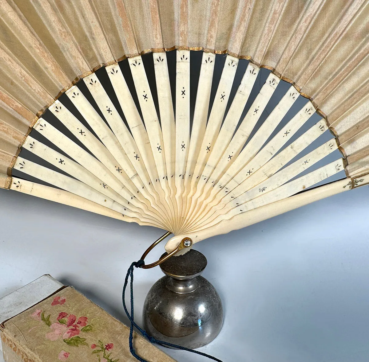 Antique Hand Painted French 22 cm Hand Fan, Sequins, Silk Tassel, Bone Monture and Original Box