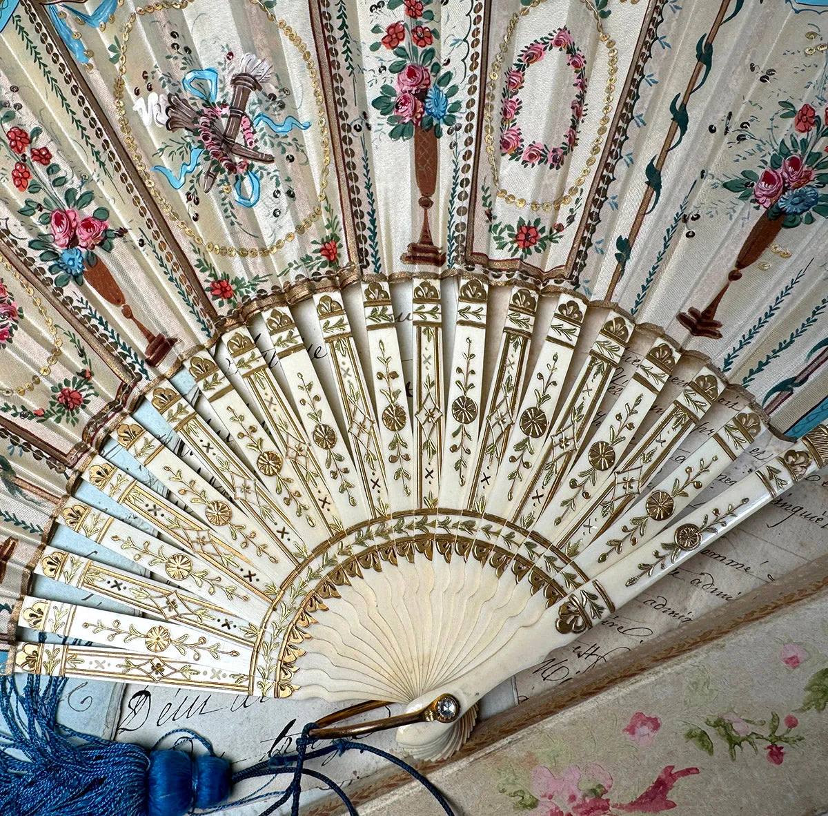 Antique Hand Painted French 22 cm Hand Fan, Sequins, Silk Tassel, Bone Monture and Original Box