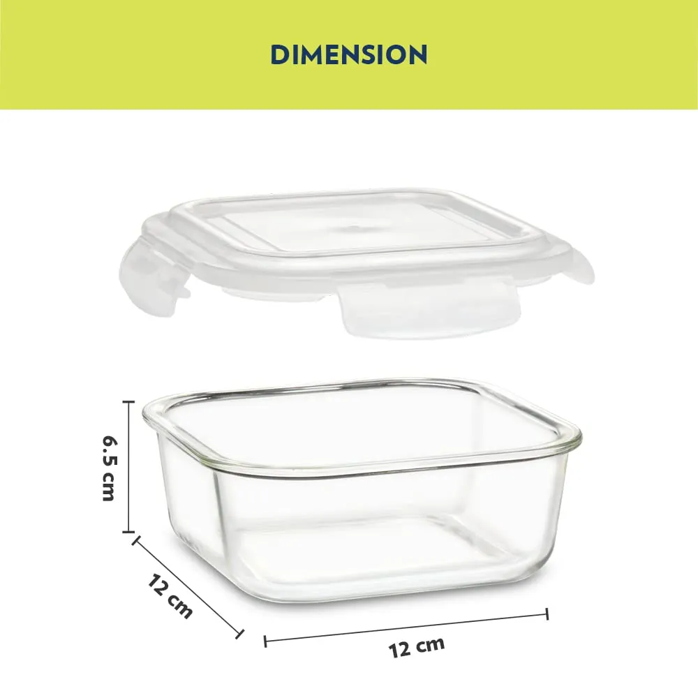 Borosil Foodluck Olive Lunch Boxes Set of 4 (320 ml Each) with Lunch Bag, Square (Borosilicate Glass)