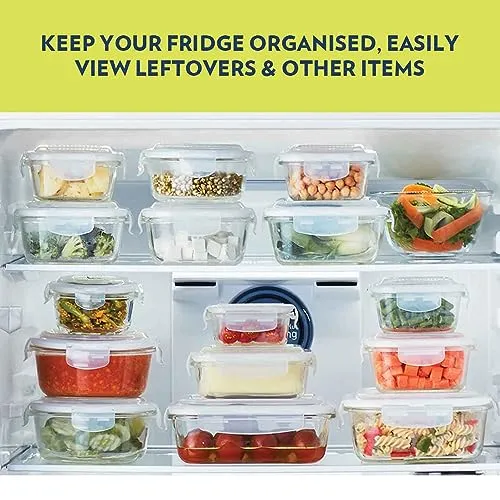 Borosil Klip N Store Glass Storage Container For Kitchen With Air-Tight Lid, Microwave & Oven Safe, Square, 320 ml, Clear