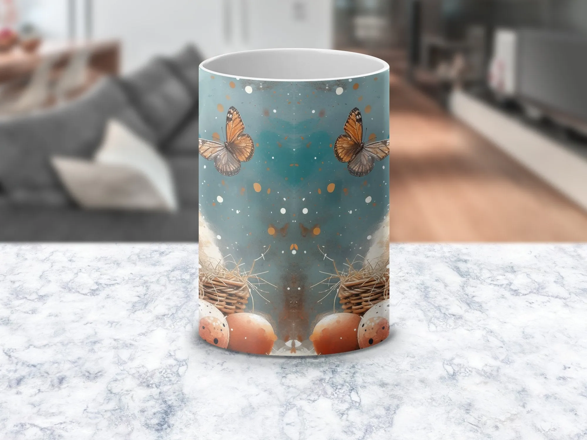 Bunny and Butterfly Mug, Cute Rabbit Coffee Cup, Animal Art Easter Gift, Spring Season Kitchen Decor, Animal Lover Drinkware, Unique Mug