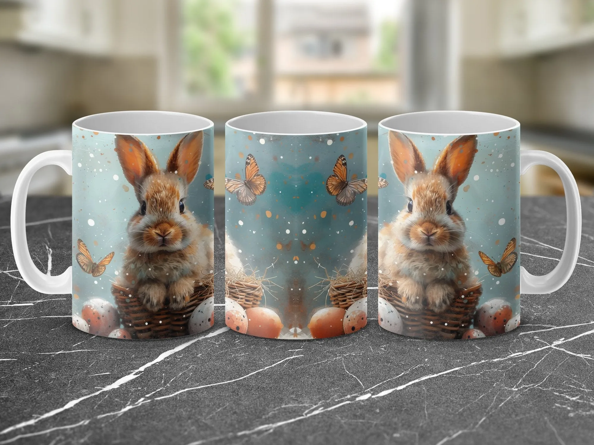 Bunny and Butterfly Mug, Cute Rabbit Coffee Cup, Animal Art Easter Gift, Spring Season Kitchen Decor, Animal Lover Drinkware, Unique Mug