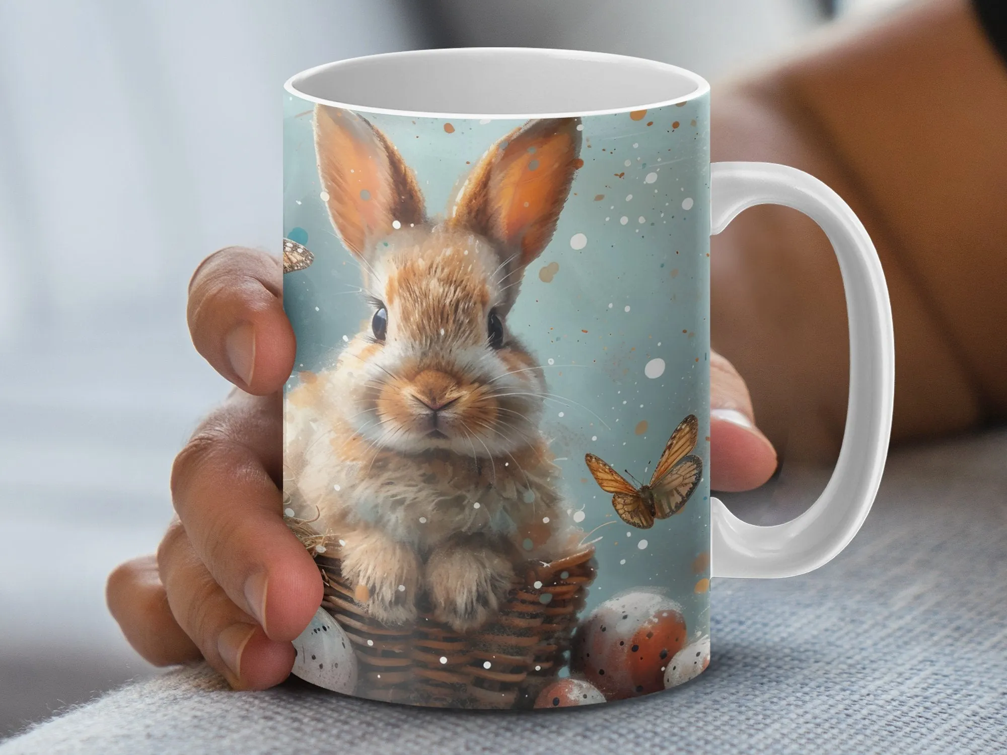 Bunny and Butterfly Mug, Cute Rabbit Coffee Cup, Animal Art Easter Gift, Spring Season Kitchen Decor, Animal Lover Drinkware, Unique Mug