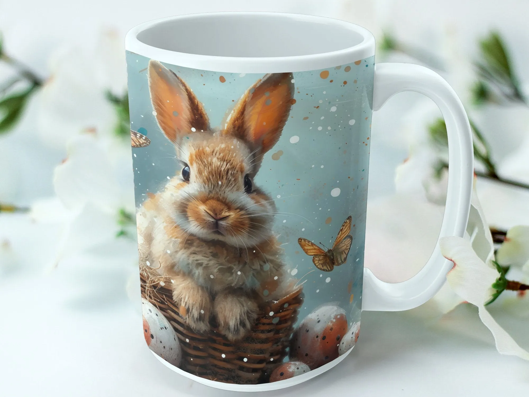 Bunny and Butterfly Mug, Cute Rabbit Coffee Cup, Animal Art Easter Gift, Spring Season Kitchen Decor, Animal Lover Drinkware, Unique Mug