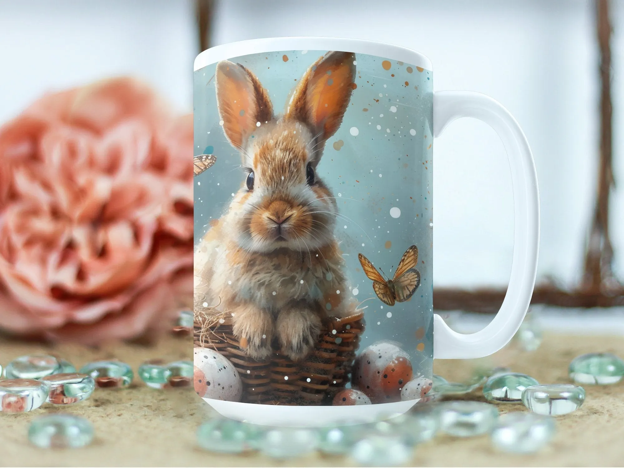 Bunny and Butterfly Mug, Cute Rabbit Coffee Cup, Animal Art Easter Gift, Spring Season Kitchen Decor, Animal Lover Drinkware, Unique Mug