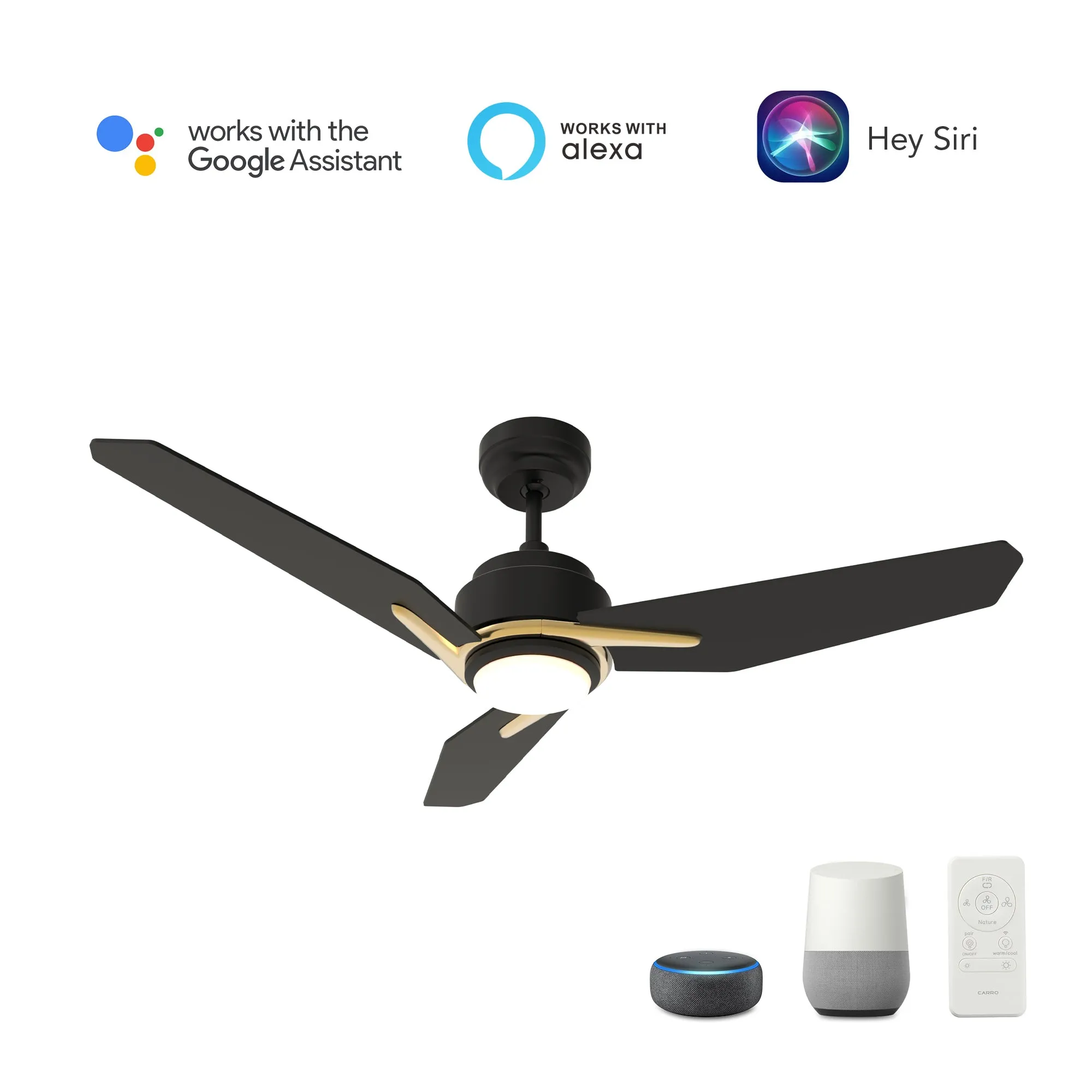 CALEN 56 inch 3-Blade Smart Ceiling Fan with LED Light Kit & Remote Control- Black/Black (Gold Detail)