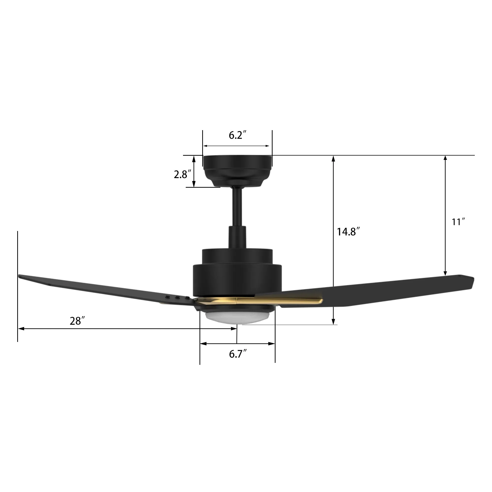 CALEN 56 inch 3-Blade Smart Ceiling Fan with LED Light Kit & Remote Control- Black/Black (Gold Detail)