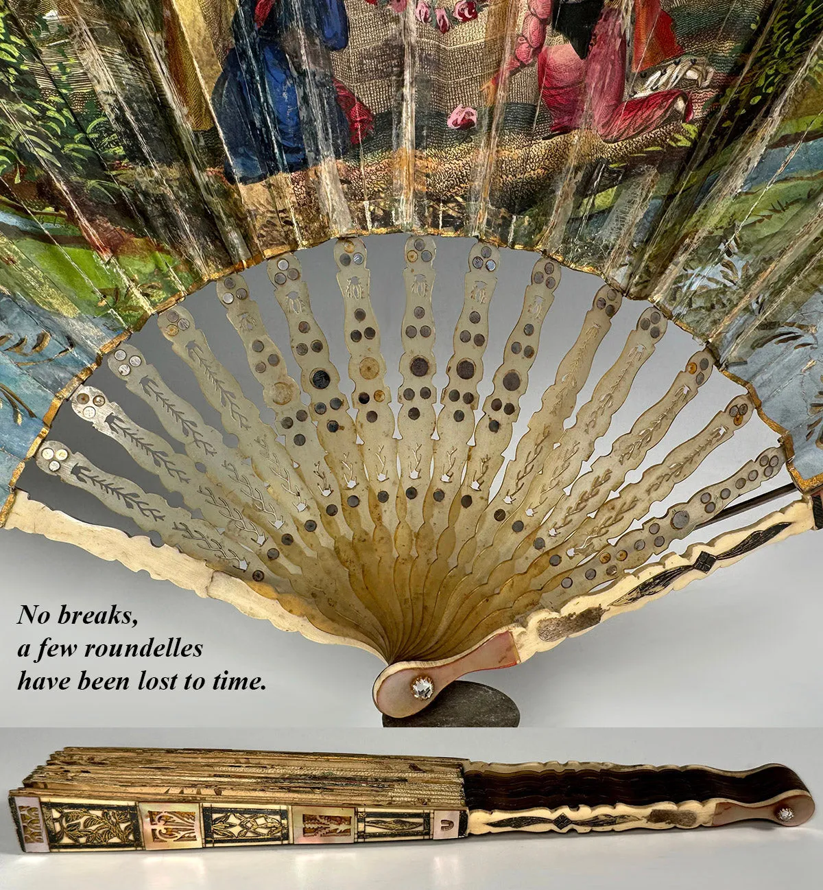 Charming c.1820-30 Mother of Pearl and Horn 21 cm Hand Fan, Likely Spanish or French Hand Painted