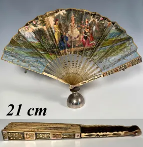 Charming c.1820-30 Mother of Pearl and Horn 21 cm Hand Fan, Likely Spanish or French Hand Painted