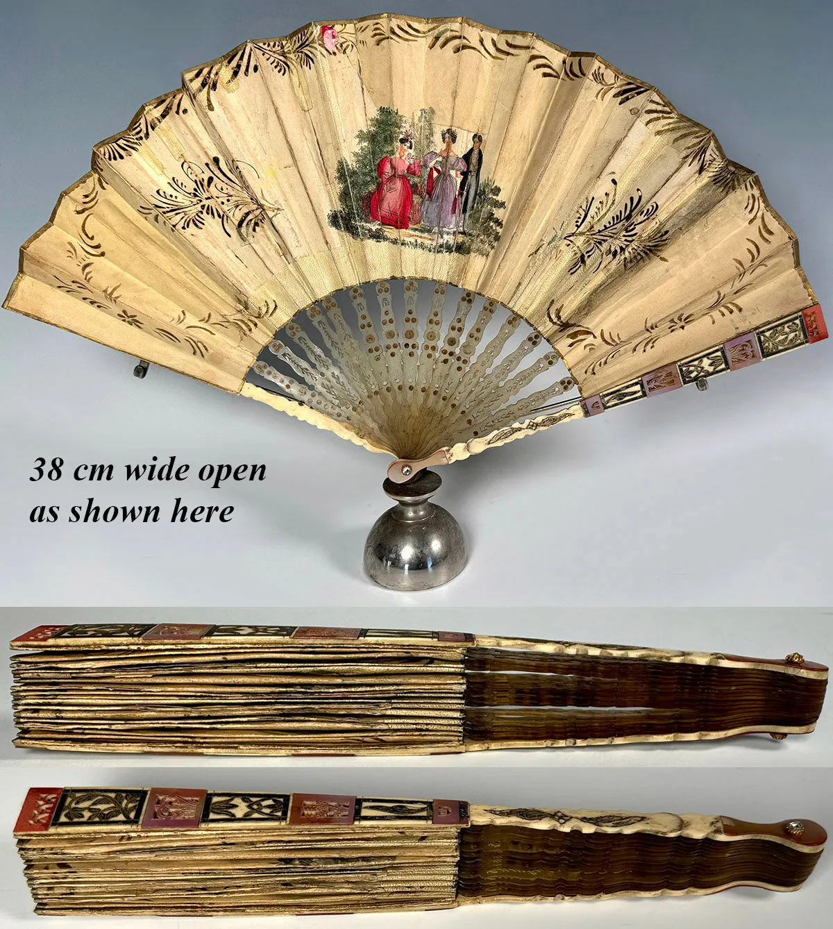 Charming c.1820-30 Mother of Pearl and Horn 21 cm Hand Fan, Likely Spanish or French Hand Painted