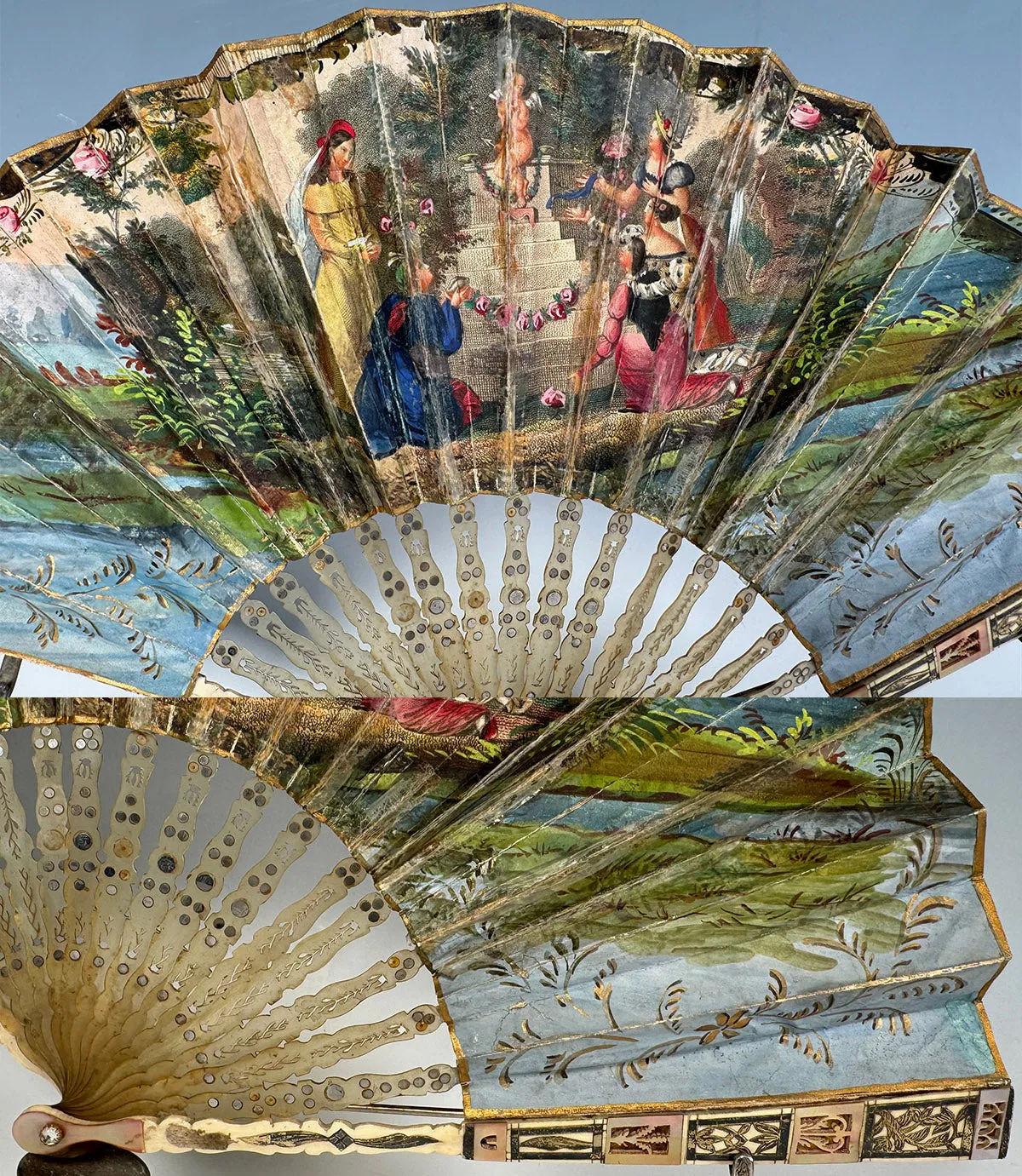 Charming c.1820-30 Mother of Pearl and Horn 21 cm Hand Fan, Likely Spanish or French Hand Painted